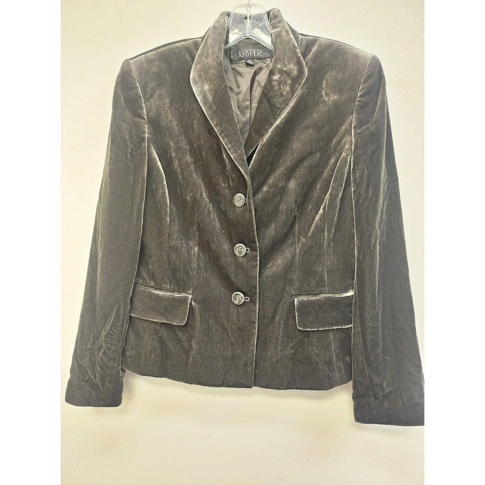 Kasper Petite Women 10P Velvet Blazer Jacket Silver Grey 3 Button Lined
